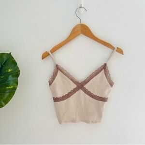 GARAGE | Beige & Mocha Lace Trim Cropped Cami Top Medium